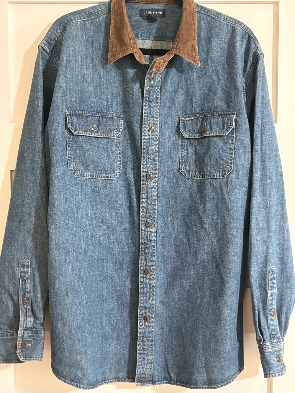Vintage 90s Lands End Denim Shirt XL Corduroy Collar Gorpcore Western Button Up